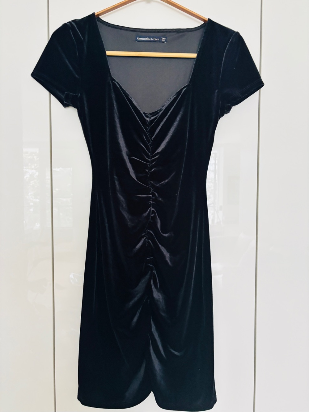 Abercrombie & Fitch Black Velvet Ruched V-Neck Midi Dress